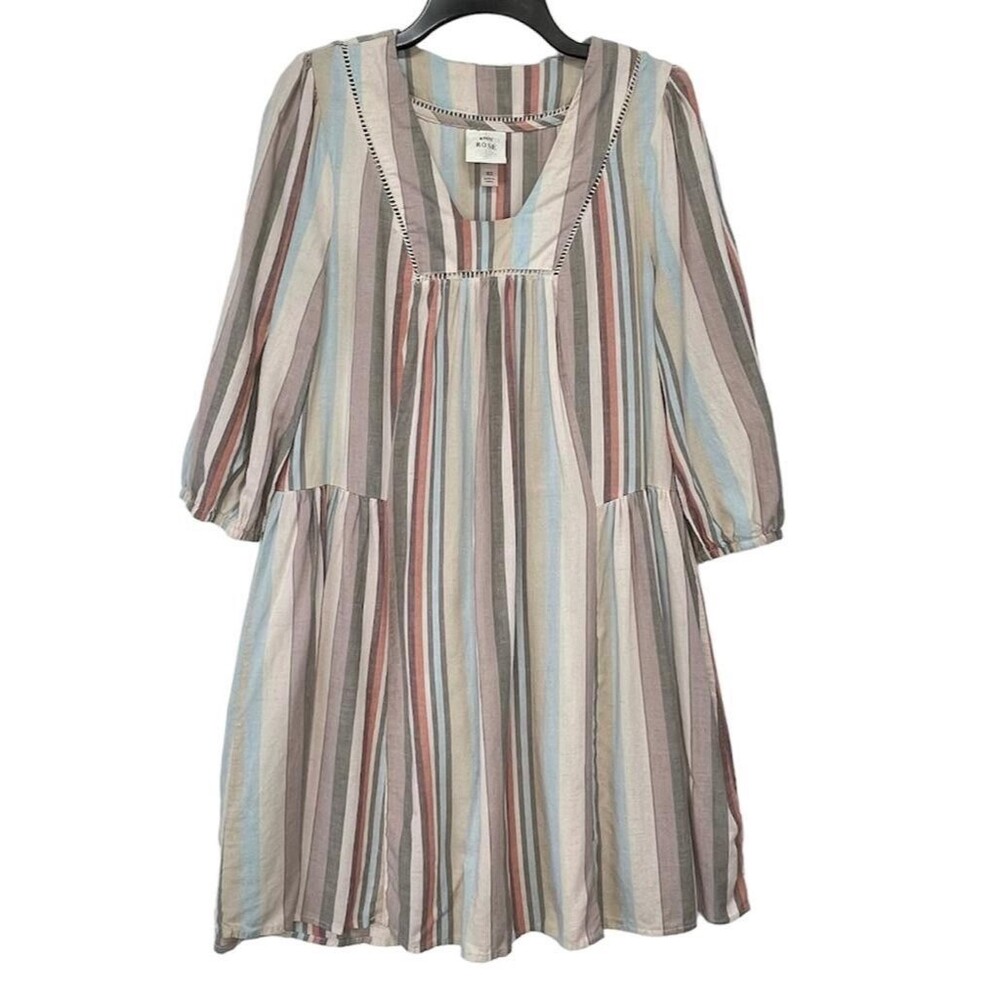 KNOX ROSE Women’s Size XS Boho Flowy Stripe Shift Dress Mulitcolor Linen Blend - Picture 3 of 16